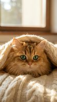 Fluffy ginger tabby cat with striking green eyes peeking from under a cozy knit blanket in warm sunlight near a window.