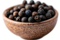 Aromatic black peppercorns in rustic ceramic bowl against white background, selective focus on spice details. For cooking, food photography and packaging.