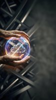 Male hands holding glowing orb with blue and orange energy waves against industrial background. Represents innovation, technology, and future concepts.