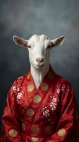 White goat wearing traditional red Asian robe with golden coins and floral patterns against blurred background for lunar new year celebrations.