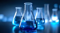 Laboratory glassware with blue liquid chemicals in conical flasks against dark background, showcasing scientific research environment.