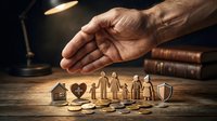 Protective hand over wooden family figures, house, heart and shield symbols with coins representing life insurance and financial security concept.
