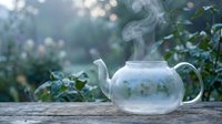 Glass teapot with steam rising, TEA lettering inside, on rustic wooden table with soft green garden background in morning mist.