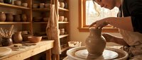 Skilled potter shaping clay vessel on spinning wheel in traditional ceramic workshop with handmade pottery displayed on wooden shelves in warm sunlight.