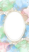 Watercolor floral frame with oval space for text on pastel background with gold botanical elements and decorative border for wedding invitations.