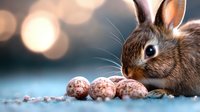 Curious brown rabbit investigating speckled eggs on ground with soft bokeh background and natural lighting creates magical spring atmosphere.