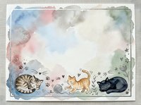 Watercolor frame with sleeping cats and paw prints on textured paper background for pet-themed designs and greeting cards.