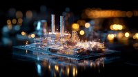 Industrial oil refinery plant with glowing lights at night, miniature tilt-shift effect creating dreamy atmosphere, reflection in water surface, bokeh background.