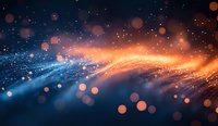 Abstract glowing wave with orange and blue light particles floating in dark space, magical sparkles and bokeh effect creating dynamic motion background.