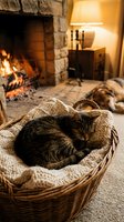 Cozy tabby cat sleeping in wicker basket by warm fireplace with soft knitted blanket creating peaceful home atmosphere for relaxation and comfort.