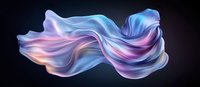 Flowing silk fabric in motion with pink and blue gradient colors against dark background creates ethereal abstract art effect. Luxury fashion design element.