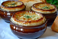 Traditional French onion soup served in brown ceramic bowls, topped with melted gruyere cheese and fresh herbs, golden-brown crusty surface and bubbling edges.