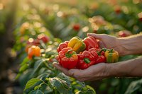 Fresh organic bell peppers harvested by farmer hands at sunset, colorful harvest of red, yellow and orange sweet peppers against blurred garden background with bokeh effect.