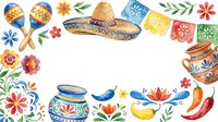 Mexican folk art watercolor frame with sombrero, maracas, pottery, papel picado flags, chili peppers and floral motifs on white background.