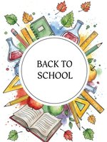 Back to school circular frame with educational supplies, books, pencils, rulers, flasks and autumn leaves on white background for academic design projects.