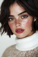 Young woman with freckles, brown eyes and dark short hair wearing white turtleneck sweater. Natural makeup with red lipstick and pearl earring on light background.