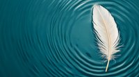 White feather floating on rippled turquoise water surface creating concentric circles. Minimalist composition symbolizing peace, tranquility and spiritual harmony.