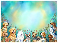 Diverse group of dog breeds sitting together surrounded by colorful flowers and foliage against a glowing turquoise and golden sky background. Suitable for pet-related designs, greeting cards, and animal illustrations.