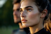 Young athletic woman with focused expression during golden hour outdoor training session. Natural lighting highlights determined facial features.