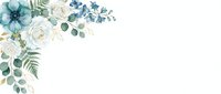Watercolor floral corner arrangement with blue flowers, white roses and eucalyptus leaves on transparent background for wedding invitations and cards.