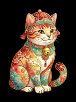 Ornate Asian-inspired cat wearing decorative helmet and traditional clothing with gold accents, isolated on transparent background. Ready for t-shirts, stickers, clipart, and print-on-demand designs.