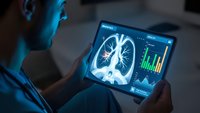 Medical professional analyzing lung X-ray scan on digital tablet with diagnostic data charts and graphs for healthcare technology and telemedicine.