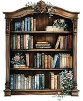 Vintage wooden bookshelf with antique books and floral decorations in watercolor style. Ornate carved details and climbing roses create cozy library atmosphere.