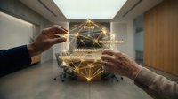 Professional hands connecting over glowing geometric network displaying corporate values of ethics, transparency, accountability in modern office.