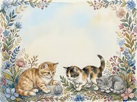 Adorable kittens playing with yarn ball surrounded by watercolor floral border frame on light background for greeting cards and nursery decor.