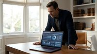 Professional businessman analyzing financial data on laptop computer in modern office workspace with natural lighting and bookshelf background.