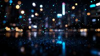 Blurred city lights reflecting on wet asphalt during night rain create magical bokeh effect with blue and golden glowing circles against dark urban background.