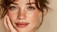 Young woman with freckles and natural makeup touching face in soft lighting. Beauty skincare portrait with glowing skin for cosmetics advertising.