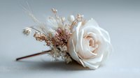 Elegant bridal boutonniere with cream rose and dried flowers on neutral background for wedding ceremony decoration and formal event styling.