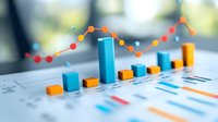 Colorful 3D bar chart with rising trend line on financial report showing business growth analytics and data visualization for presentations.