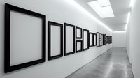 Empty black frames arranged on a white gallery wall in a modern corridor with concrete floor and ceiling lights, monochrome art exhibition interior.