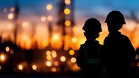Silhouettes of two construction workers against vibrant sunset sky with defocused city lights creating magical bokeh effect in background. Suitable for safety concepts.