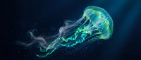 Luminous jellyfish glowing with ethereal blue and green bioluminescence floating gracefully through dark ocean depths with trailing tentacles.