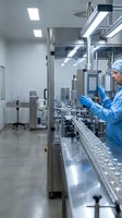 Pharmaceutical technician in protective clothing operating sterile production line equipment in modern cleanroom manufacturing facility.
