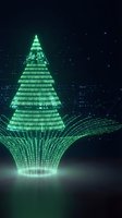 Digital Christmas tree made of glowing green binary code and data streams on dark tech background for holiday technology concepts.