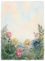 Watercolor floral border with peonies, anemones and berries on soft pastel background, copy space for greeting cards or invitations.