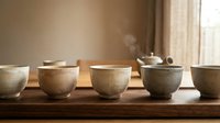Handmade ceramic tea cups arranged on wooden table with steaming teapot in warm natural light creating peaceful zen atmosphere for mindfulness and relaxation.