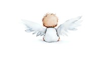 Cute baby angel with fluffy wings sitting with back turned, hand drawn watercolor style illustration on white background, isolated character for nursery art.