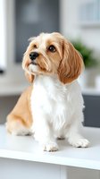 Adorable small dog with brown and white fur sitting on white surface in modern home interior looking up with expressive eyes for pet care and lifestyle content.