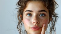 Young Caucasian woman with natural freckles, bright blue eyes, and messy updo hairstyle touching face gently against light background. Soft beauty portrait.
