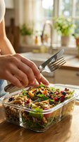 Person eating fresh vegetable salad with fork and knife from glass container in bright kitchen with window light and potted plants.
