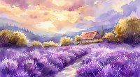 Dreamy lavender field with rustic farmhouse at sunset, purple wildflowers along winding path, golden sky with clouds, watercolor style countryside landscape.