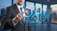Professional businessman in dark suit interacting with futuristic holographic interface displaying digital icons and data analytics in modern office setting.