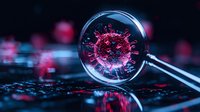Magnified view of pink virus cell through lens on dark reflective surface with dramatic lighting and blurred background creates scientific atmosphere.