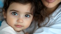 Close up portrait of young mixed race girl with big expressive brown eyes and curly dark hair looking at camera with innocent expression. Soft focus family photo.