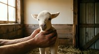 Farmer's hands gently holding young white goat in rustic barn setting with natural light from window, depicting animal care and agricultural lifestyle.